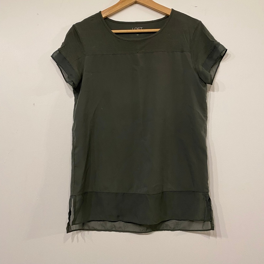 Loft Outlet Petite Mixed Media Blouse Dark Olive Green Short Sleeve Top XSP